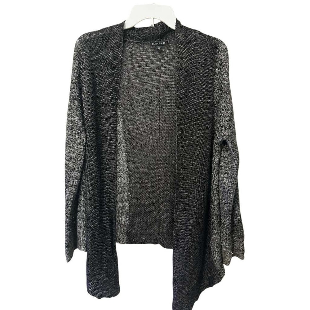 Eileen Fisher Linen Blend Fishnet Women Small Cardigan Gray Black